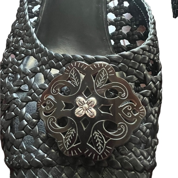 Brighton Tana Black Woven Leather Pointed Toe Kitten Heel Size 6.5 Witchycore - Picture 3 of 15